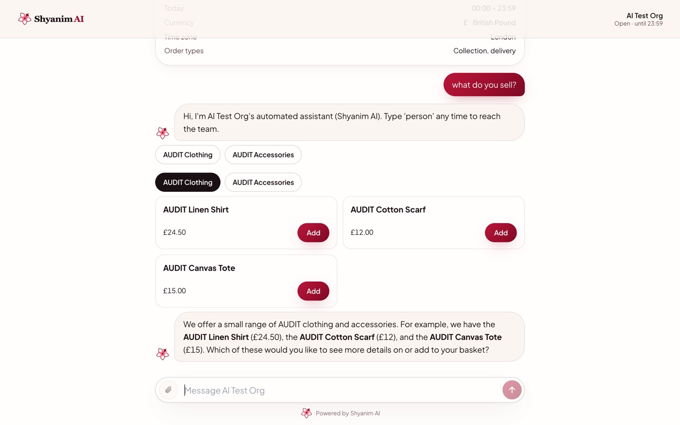 Shyanim AI chat showing products on desktop