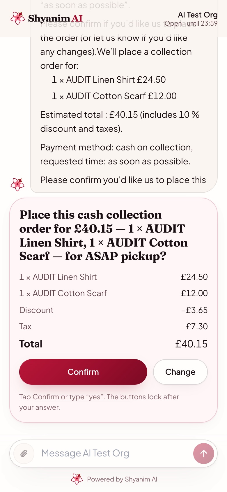 Order summary with a delivery estimate